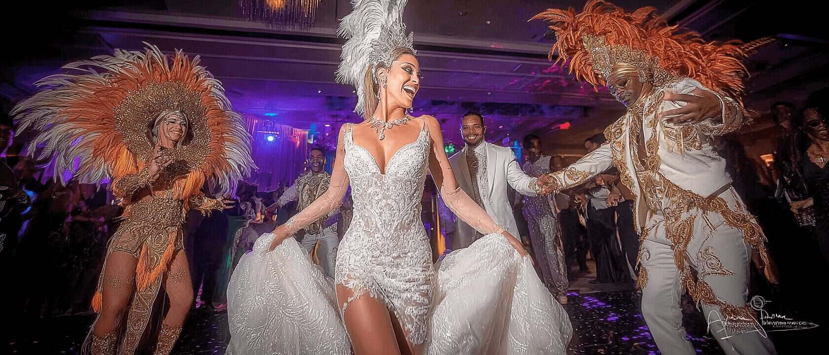 Samba dancers performing at a luxury wedding reception in Naples, FL