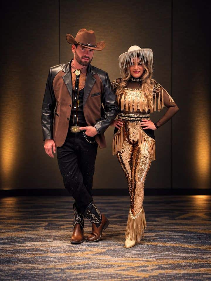 Western-themed dance performers in sequined fringe and cowboy attire at a Southwest Florida gala